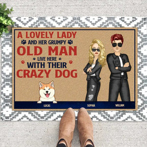 Personalized A Lovely Lady And Her Grumpy Old Man Live Here With Their Crazy Dog Couple Dog Lovers Doormat Printed 23JUN-HQ08