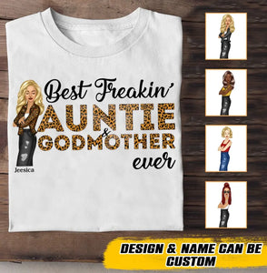 Personalized Best Freakin Auntie & Godmother Ever Leopard Cool Aunt Chibi 2D Tshirt