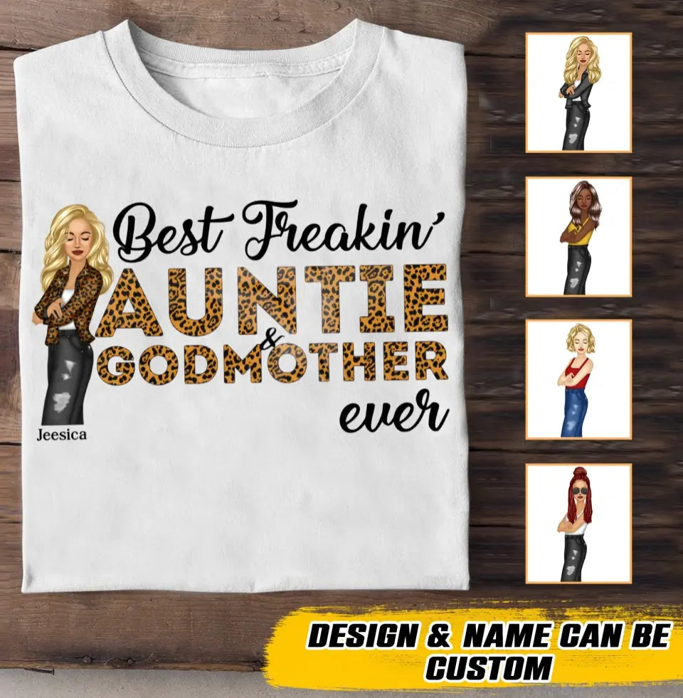 Personalized Best Freakin Auntie & Godmother Ever Leopard Cool Aunt Chibi 2D Tshirt