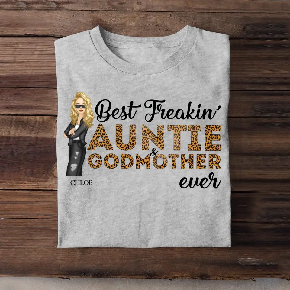 Personalized Best Freakin Auntie & Godmother Ever Leopard Cool Aunt Chibi 2D Tshirt