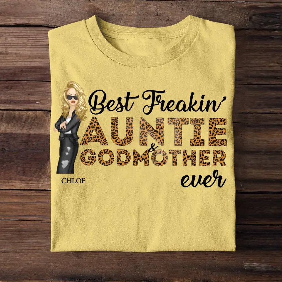 Personalized Best Freakin Auntie & Godmother Ever Leopard Cool Aunt Chibi 2D Tshirt