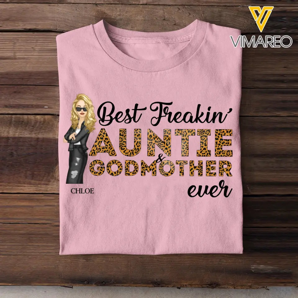 Personalized Best Freakin Auntie & Godmother Ever Leopard Cool Aunt Chibi 2D Tshirt
