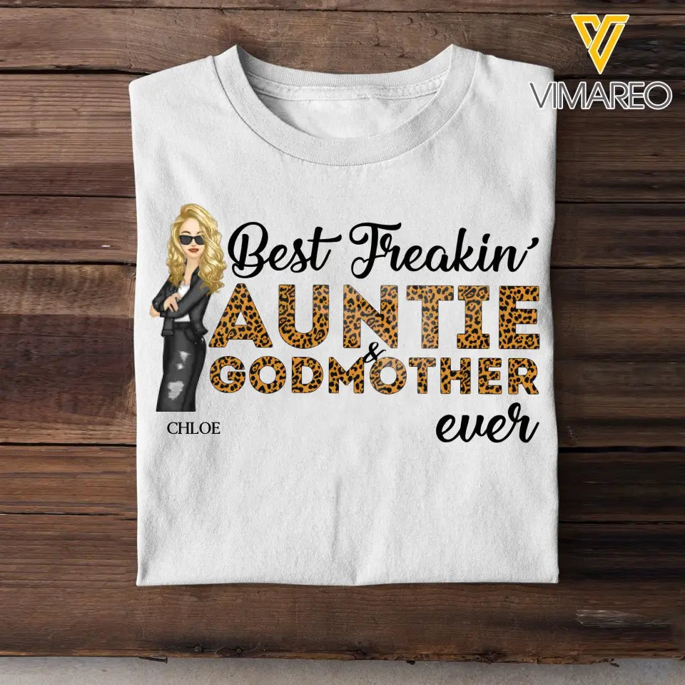 Personalized Best Freakin Auntie & Godmother Ever Leopard Cool Aunt Chibi 2D Tshirt