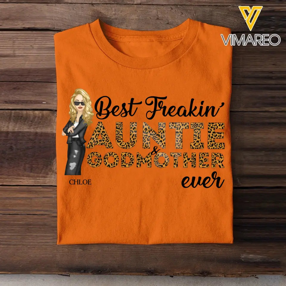 Personalized Best Freakin Auntie & Godmother Ever Leopard Cool Aunt Chibi 2D Tshirt