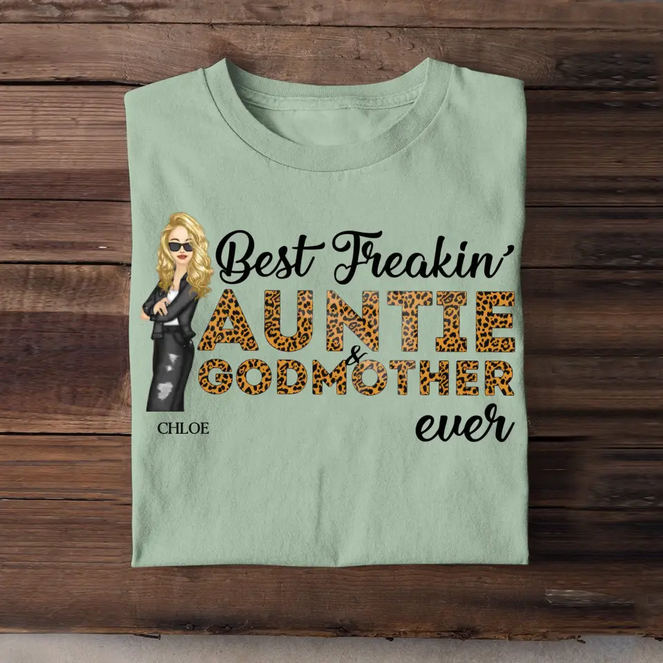 Personalized Best Freakin Auntie & Godmother Ever Leopard Cool Aunt Chibi 2D Tshirt