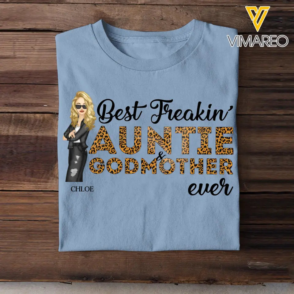 Personalized Best Freakin Auntie & Godmother Ever Leopard Cool Aunt Chibi 2D Tshirt