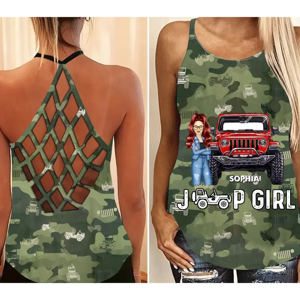 Personalized Jeep Girl with Name Criss Cross Tank Printed MTKVH2006