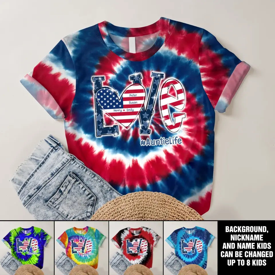 Personalzied Love Auntielife with Kid Names Tie Dye Color 3D TShirt Printed HTHDT1906
