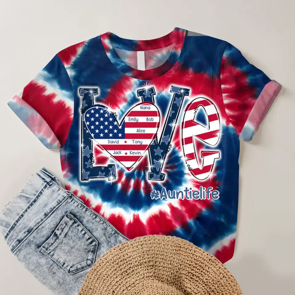 Personalzied Love Auntielife with Kid Names Tie Dye Color 3D TShirt Printed HTHDT1906