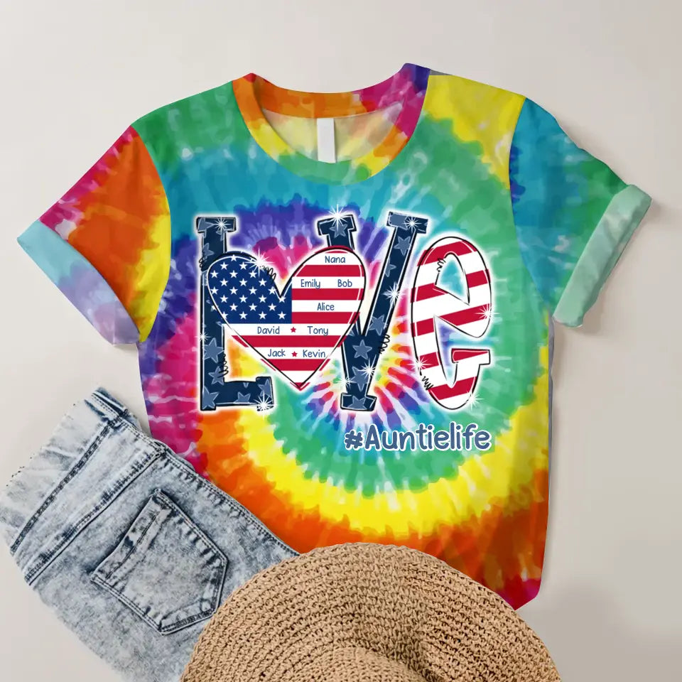Personalzied Love Auntielife with Kid Names Tie Dye Color 3D TShirt Printed HTHDT1906
