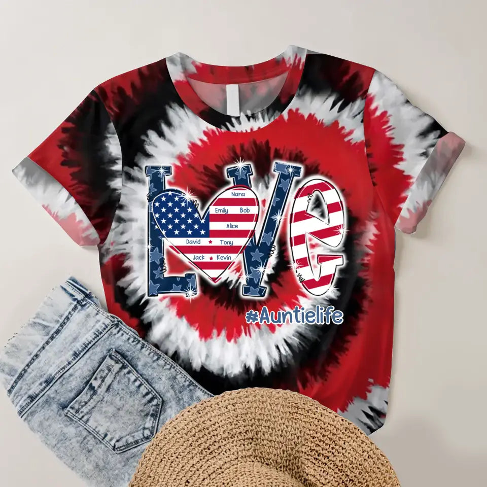 Personalzied Love Auntielife with Kid Names Tie Dye Color 3D TShirt Printed HTHDT1906