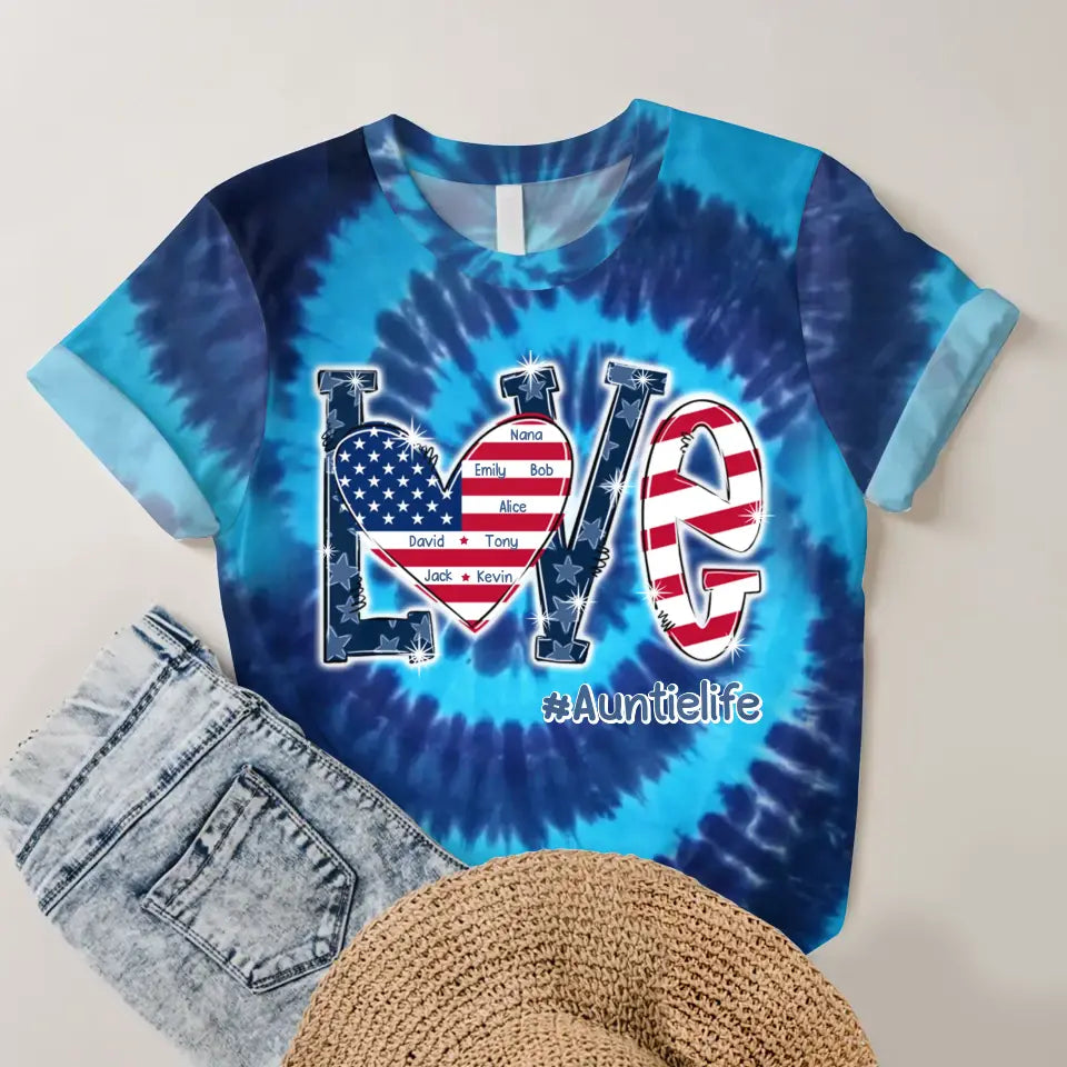 Personalzied Love Auntielife with Kid Names Tie Dye Color 3D TShirt Printed HTHDT1906