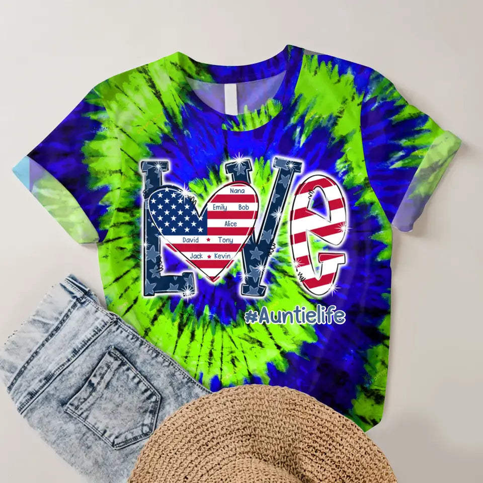 Personalzied Love Auntielife with Kid Names Tie Dye Color 3D TShirt Printed HTHDT1906