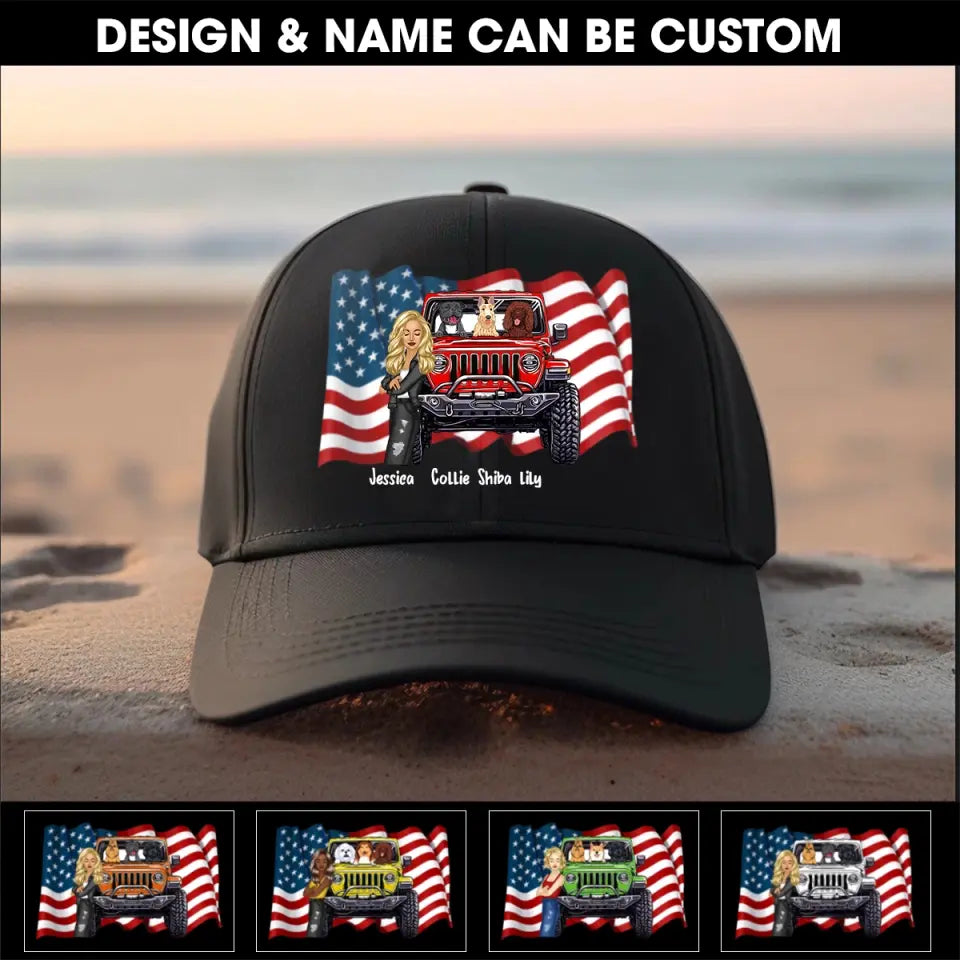 Personalized Girl Love Dog & Jeep Flag Peaked Cap 23JUN-KH22