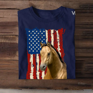Personalized Upload Your Horse Photo Flag Horse Lovers Gift T-shirt Printed MTHDT2106