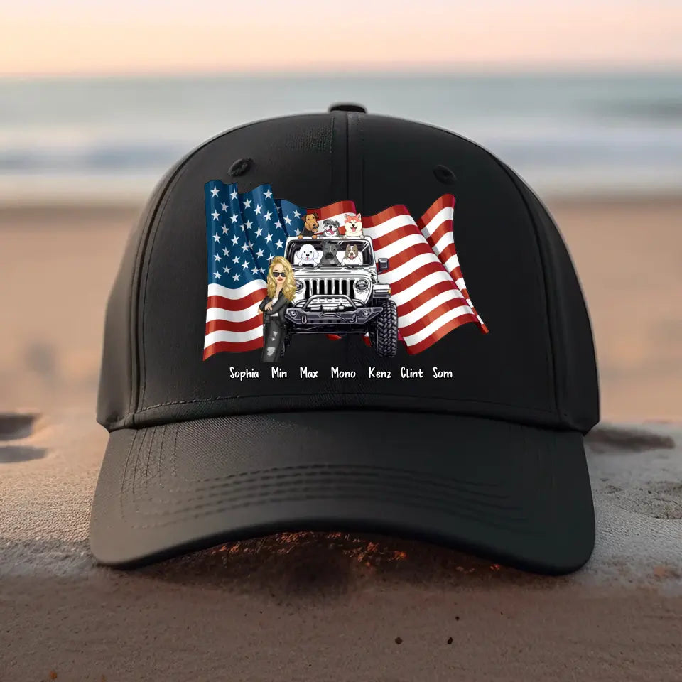 Personalized Girl Love Dog & Jeep Flag Peaked Cap 23JUN-KH22