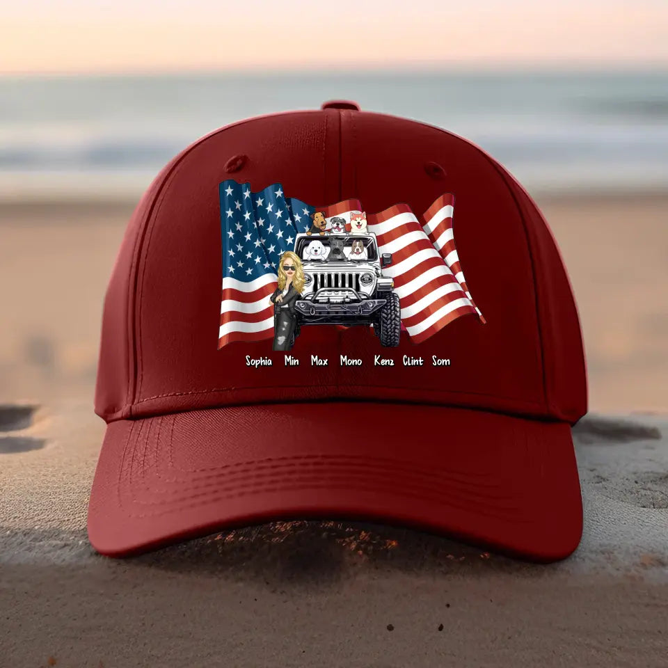 Personalized Girl Love Dog & Jeep Flag Peaked Cap 23JUN-KH22