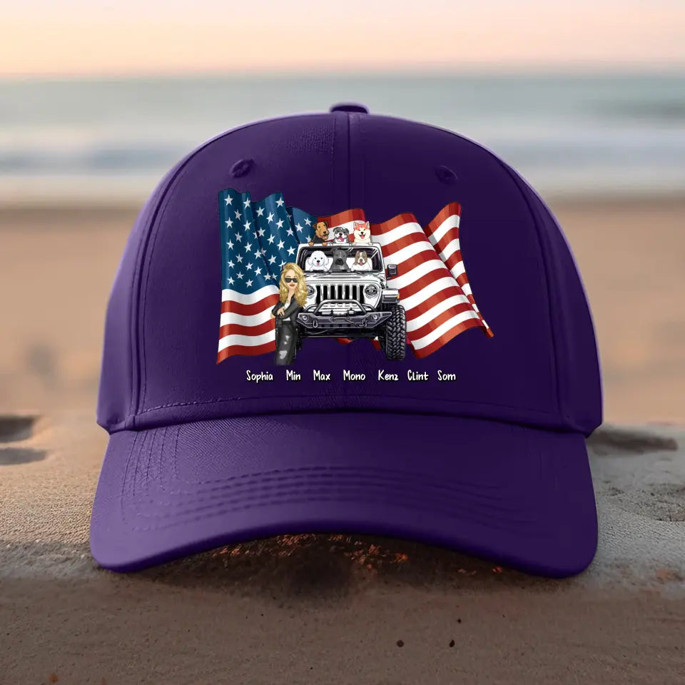 Personalized Girl Love Dog & Jeep Flag Peaked Cap 23JUN-KH22