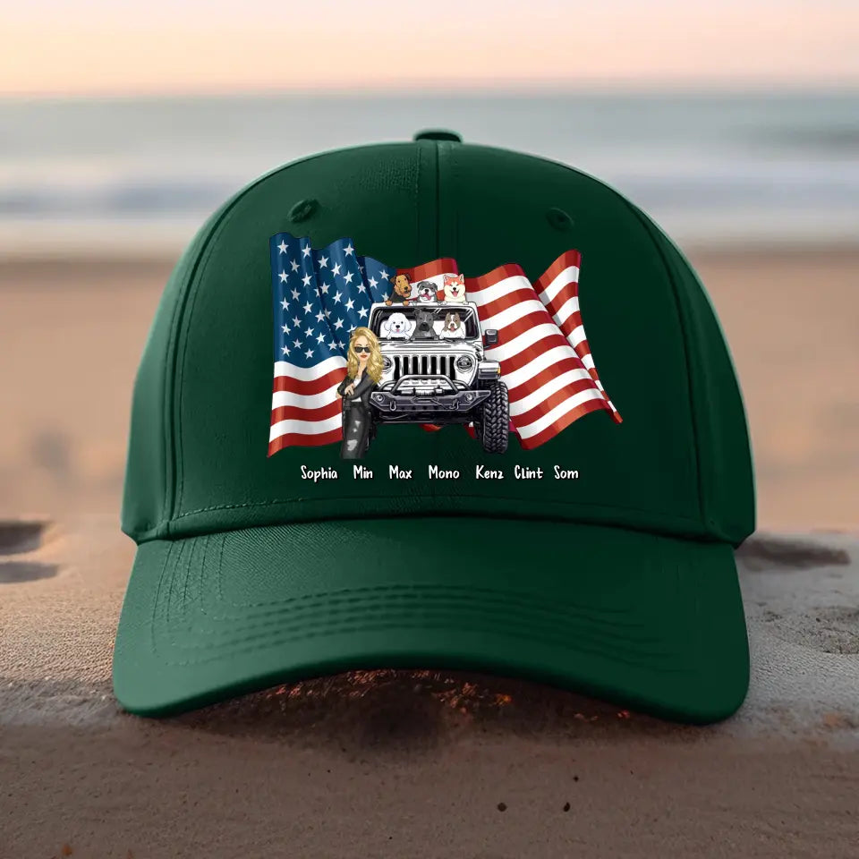 Personalized Girl Love Dog & Jeep Flag Peaked Cap 23JUN-KH22
