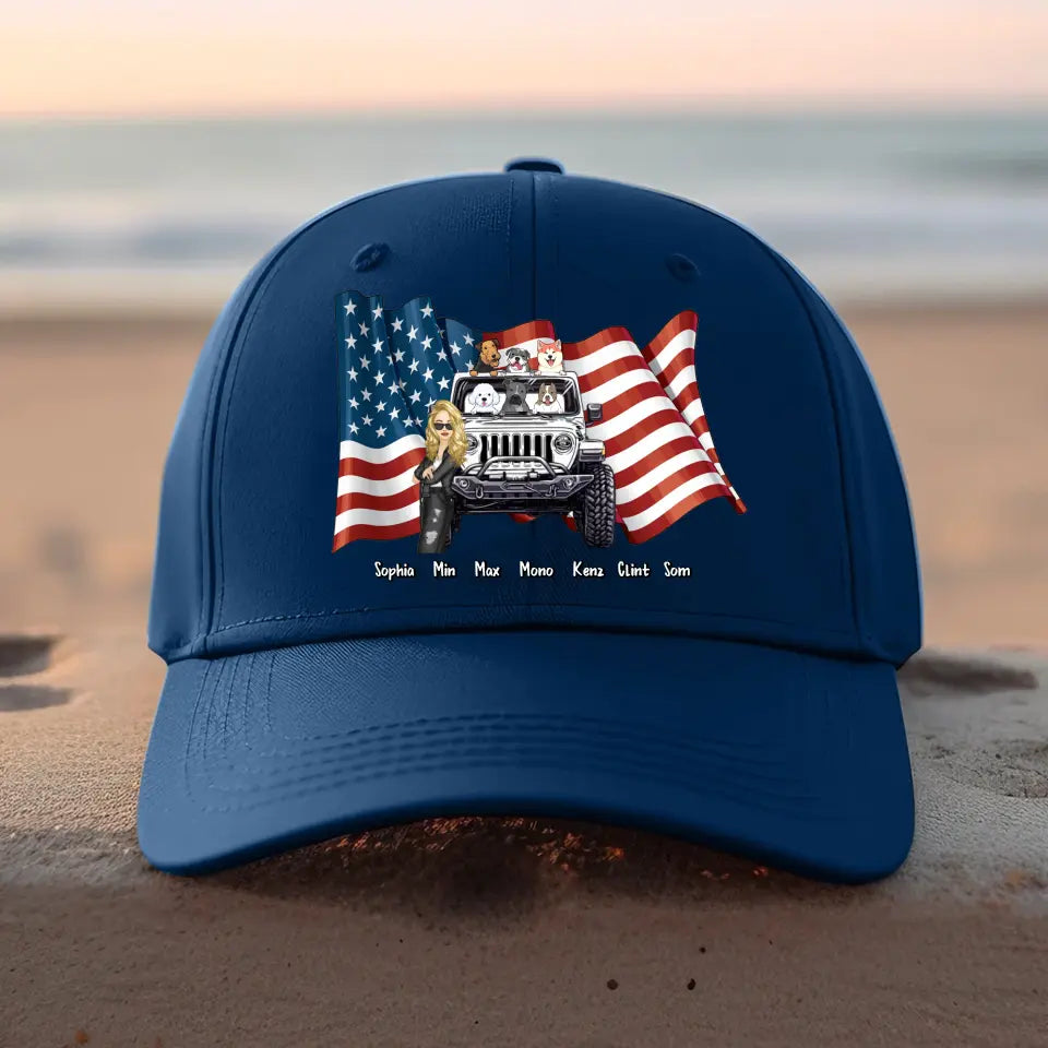 Personalized Girl Love Dog & Jeep Flag Peaked Cap 23JUN-KH22
