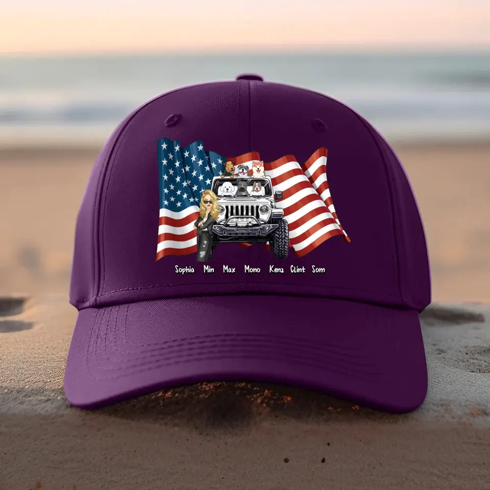 Personalized Girl Love Dog & Jeep Flag Peaked Cap 23JUN-KH22