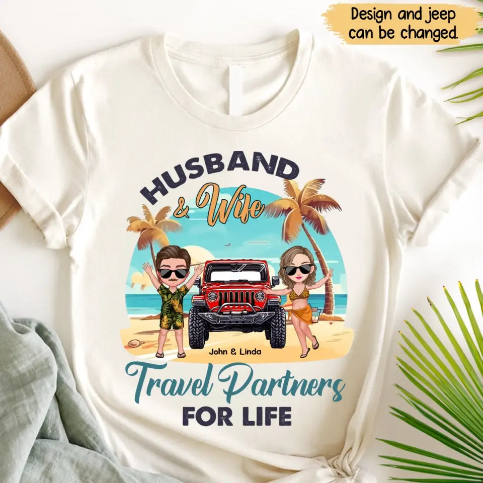 Personalized Husband & Wife Travel Partners For Life Jeep & Couple T-shirt Printed PNPN2406