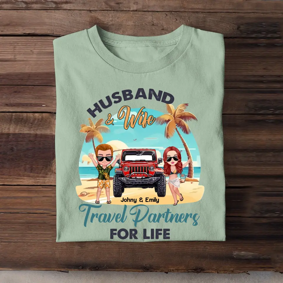 Personalized Husband & Wife Travel Partners For Life Jeep & Couple T-shirt Printed PNPN2406