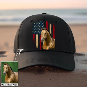 Personalized Upload Your Horse Photo US Flag Cap Printed MTHDT2706