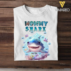 Personalized Mommy Shark Grandma Shark Watercolor With Kid Names T-shirt Printed QTKH0307