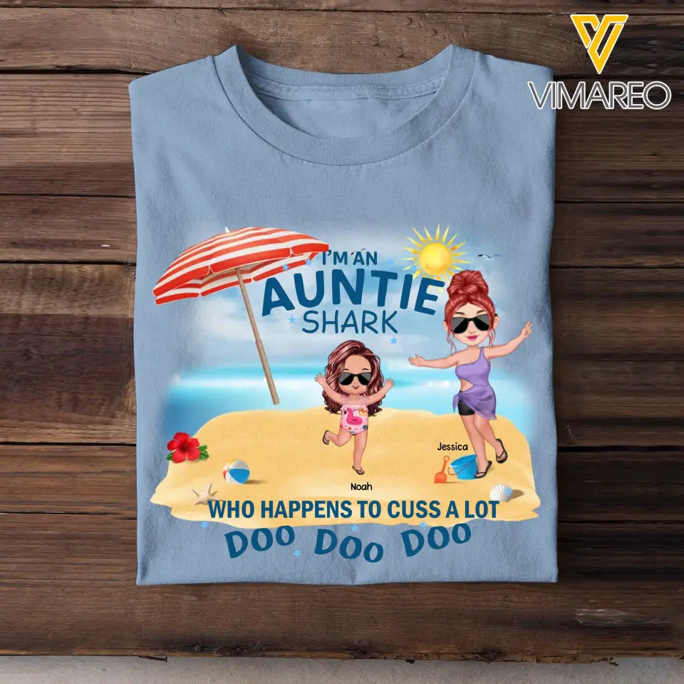 Personalized I'm An Auntie Shark Who Happens To Cuss A Lot Kid Names T-shirt Printed 23JUN-HN27