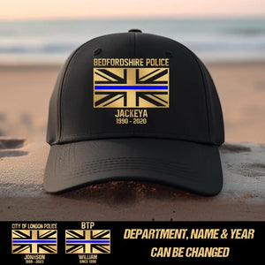 Personalized United Kingdom Flag Law Enforcement Thin Blue Line Department Cap Printed 23JUN-HQ30