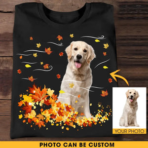 Personalized Upload Your Dog Photo Fall Season Maple Leaves T-shirt Printed 23JUL-KVH08