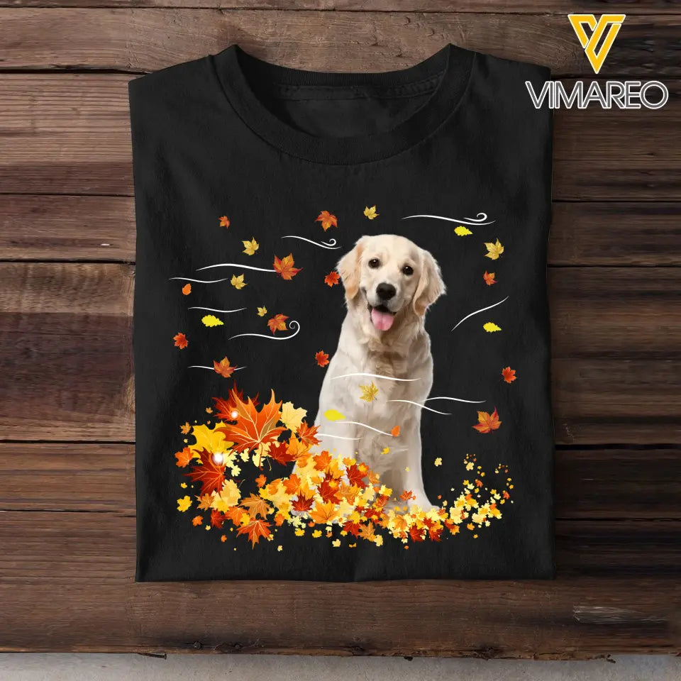 Personalized Upload Your Dog Photo Fall Season Maple Leaves T-shirt Printed 23JUL-KVH08