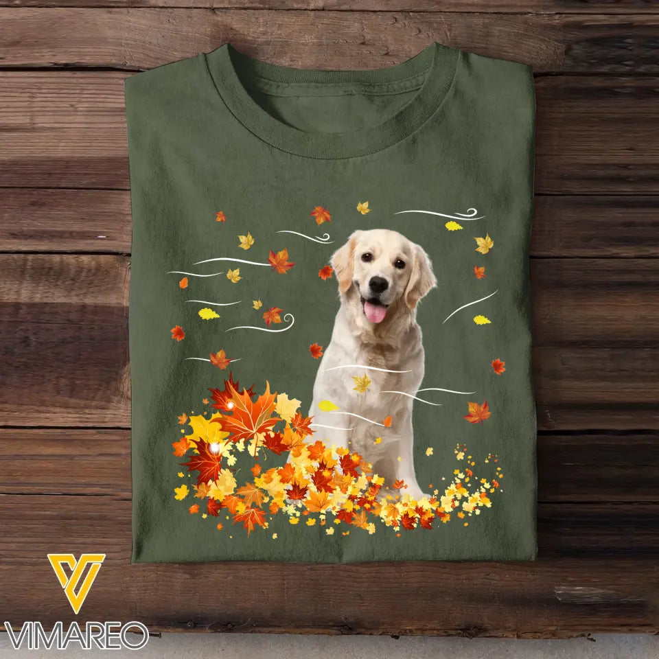 Personalized Upload Your Dog Photo Fall Season Maple Leaves T-shirt Printed 23JUL-KVH08