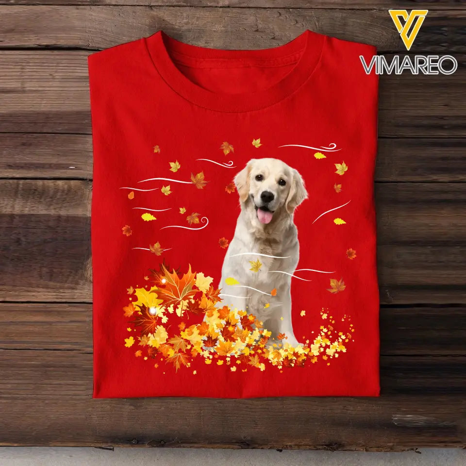 Personalized Upload Your Dog Photo Fall Season Maple Leaves T-shirt Printed 23JUL-KVH08