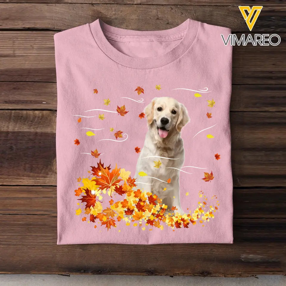 Personalized Upload Your Dog Photo Fall Season Maple Leaves T-shirt Printed 23JUL-KVH08