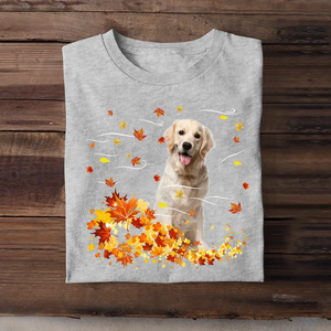Personalized Upload Your Dog Photo Fall Season Maple Leaves T-shirt Printed 23JUL-KVH08