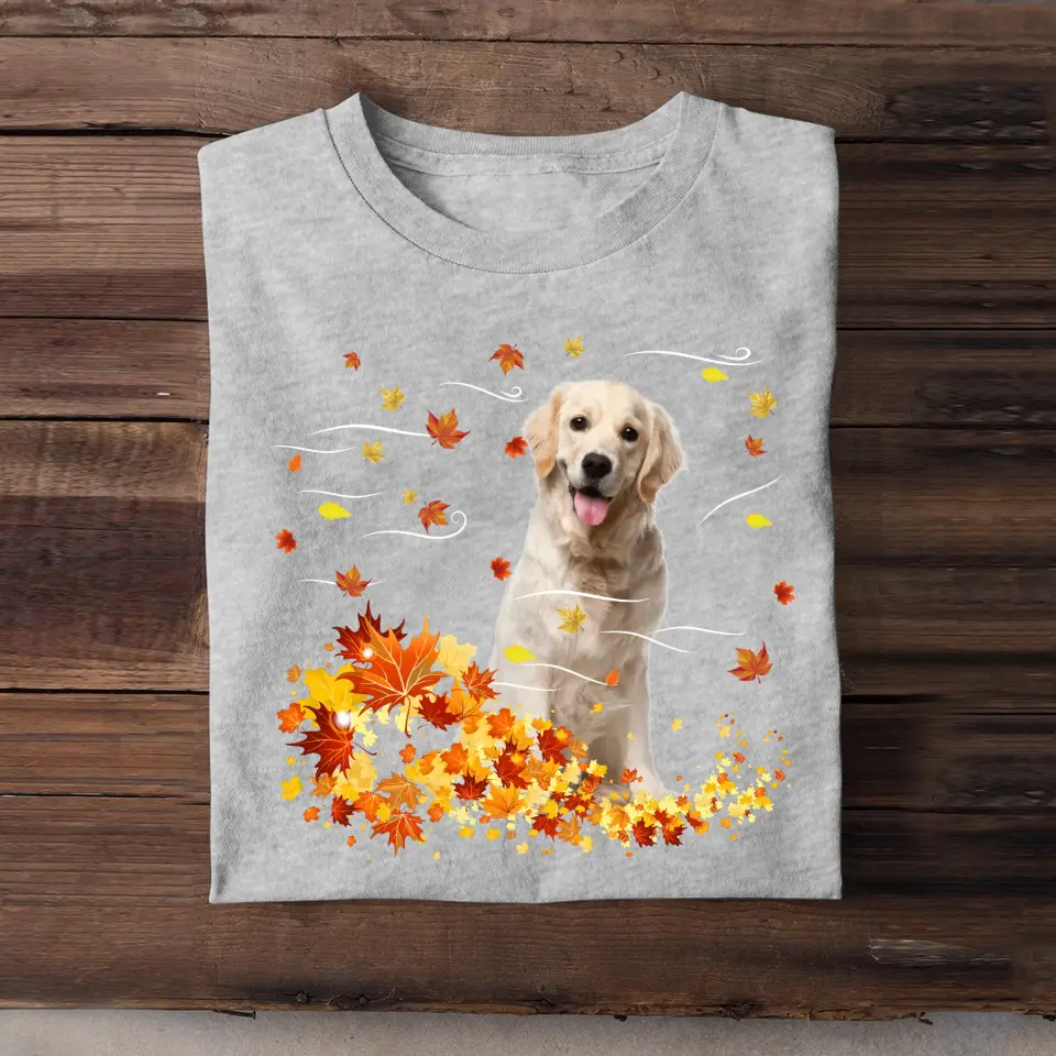 Personalized Upload Your Dog Photo Fall Season Maple Leaves T-shirt Printed 23JUL-KVH08