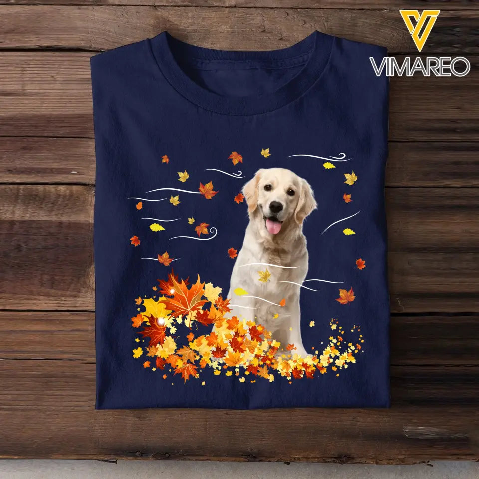 Personalized Upload Your Dog Photo Fall Season Maple Leaves T-shirt Printed 23JUL-KVH08
