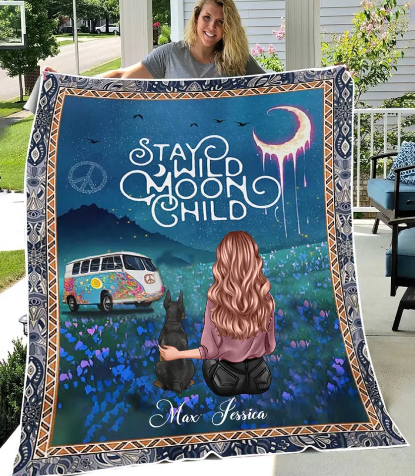 PERSONALIZED DOG HIPPIE GIRL STAY MOON AND CHILD BLANKET TNVQ2408