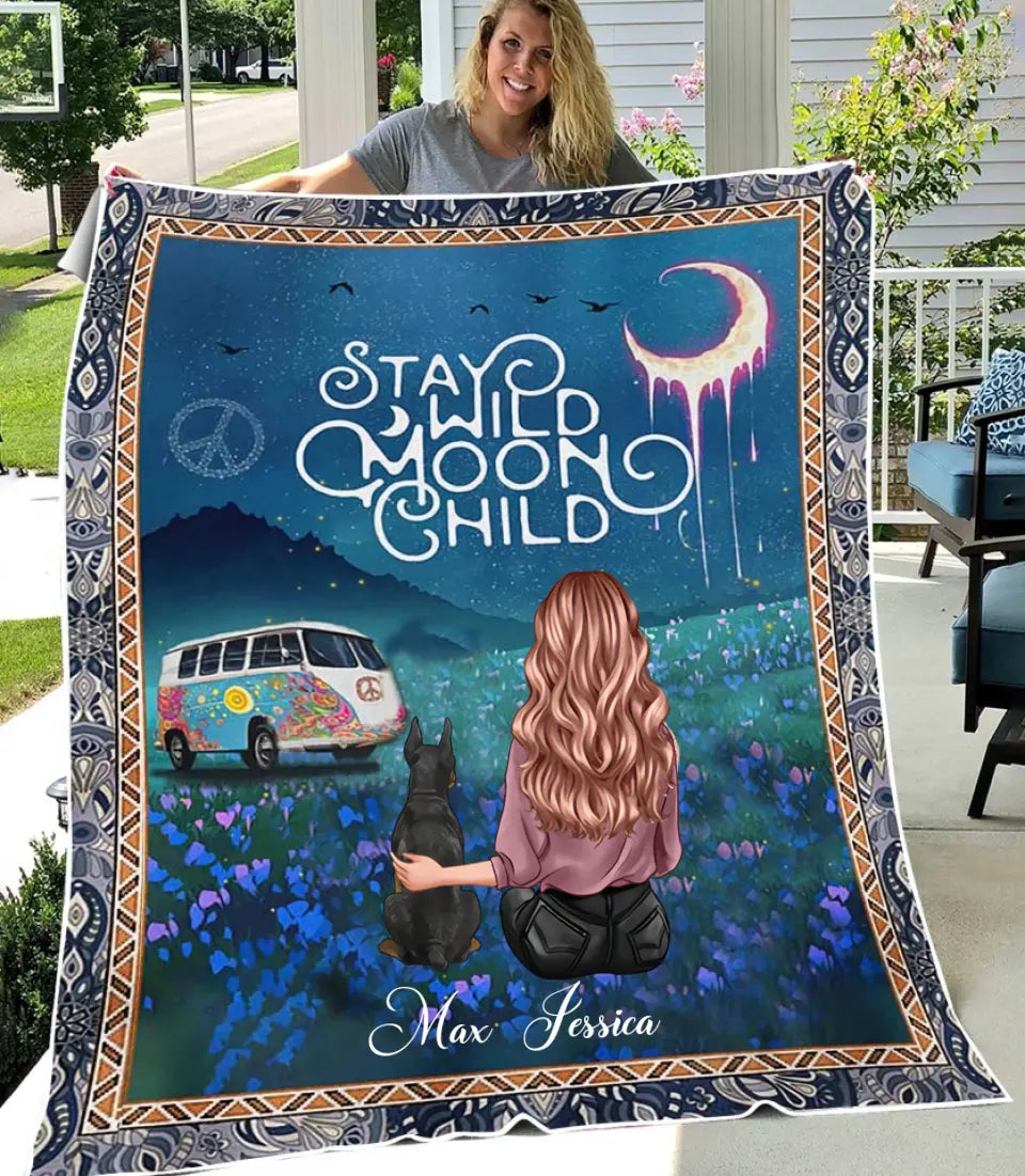 PERSONALIZED DOG HIPPIE GIRL STAY MOON AND CHILD BLANKET TNVQ2408