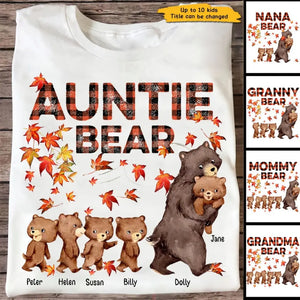 Personalized Auntie Bear with Kid Names Fall Season Maple Leaves T-Shirt Printed 23JUL-HN10