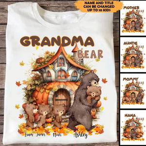 Personalized Fall Season Pumpkin Grandma Bear & Kid Names T-Shirt Printed MTHKVH1107