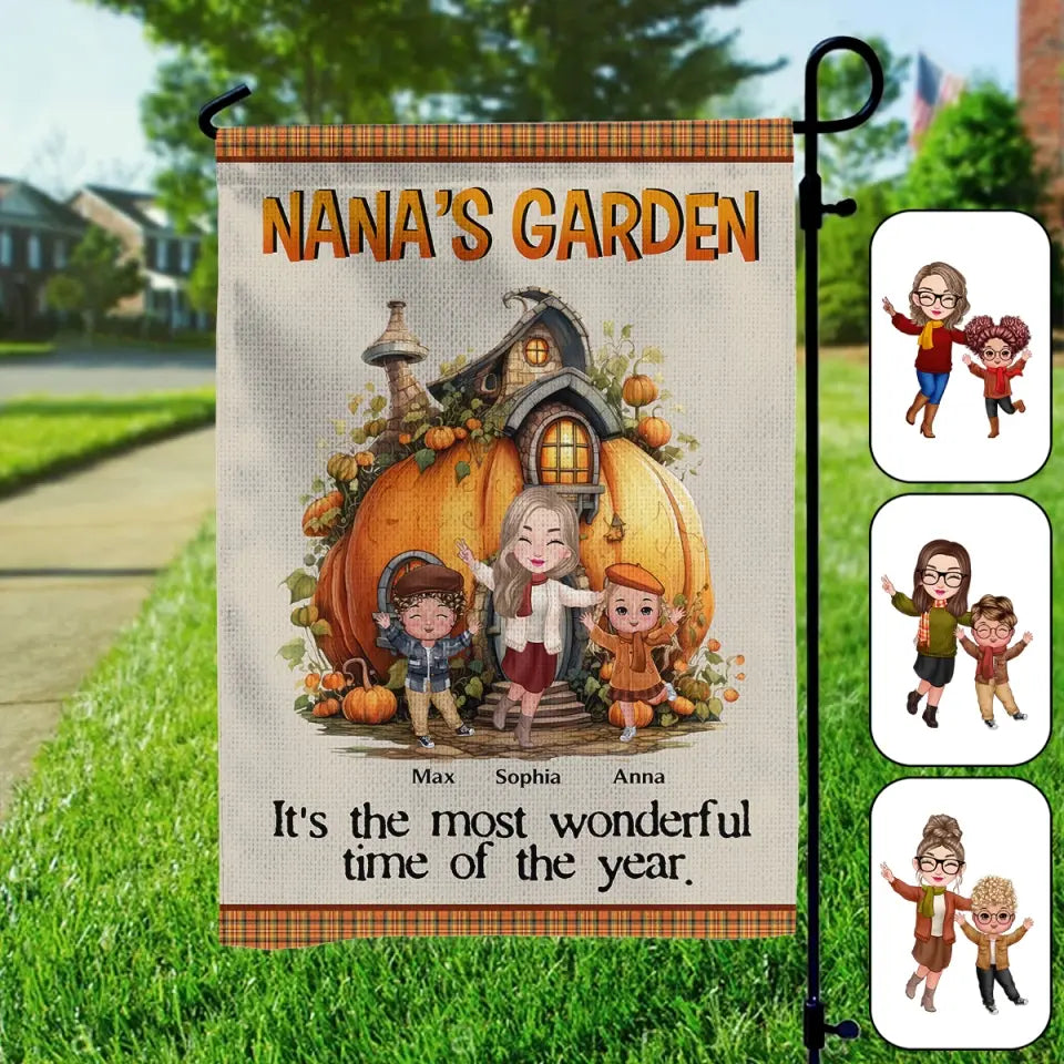 Personalized Nana's Garden It's The Most Wonderful Time Of The Year Grandma & Kid Names Garden Flag Printed HTHHN1907