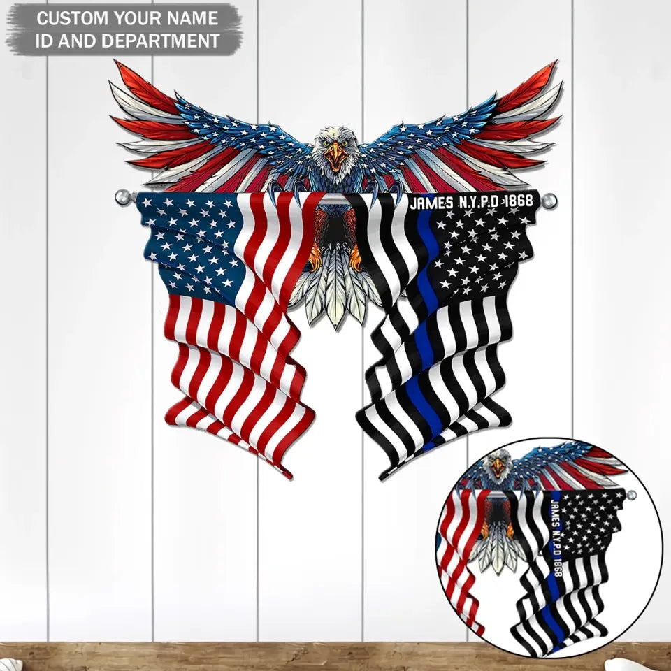 Personalized US Thin Blue Line Flag Eagle Shape Metal Sign Printed QTPD227