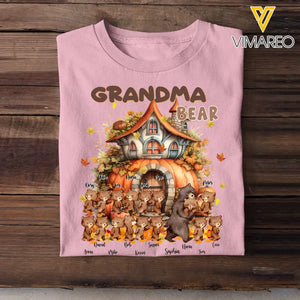 Personalized Fall Season Pumpkin Grandma Bear & Kid Names T-Shirt Printed MTHKVH1107