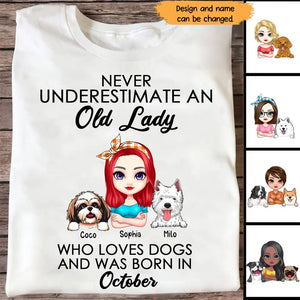 Personalized Never Underestimate An Old Lady Who Loves Dogs And Was Born In October T-shirt Printed QTHN247