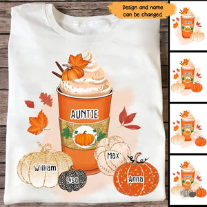 Personalized Fall Season Pumpkins Auntie Coffee & Kid Name T-shirt Printed 23JUL-HN22