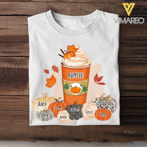 Personalized Fall Season Pumpkins Auntie Coffee & Kid Name T-shirt Printed 23JUL-HN22