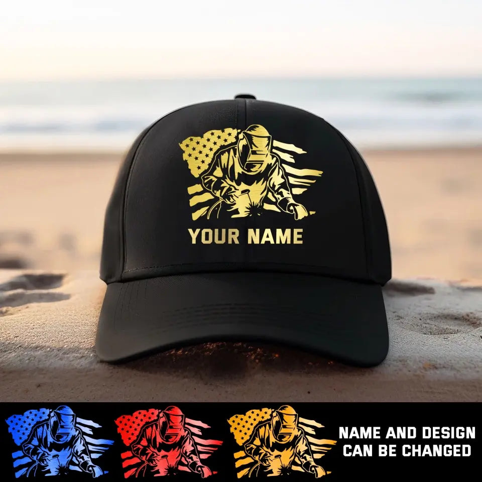Personalized US Flag Welder with Name Cap Printed 23JUL-KVH27